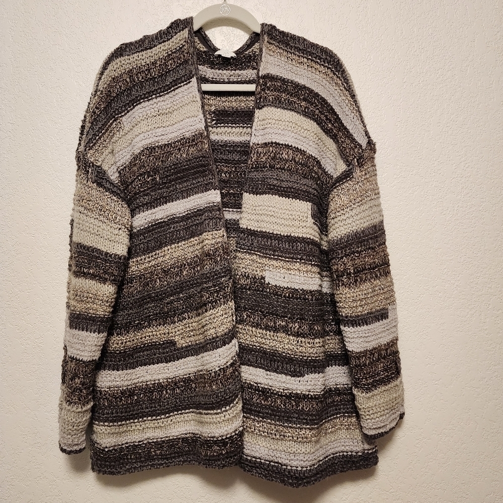 J. Jill Chunky Striped Neutral Knit Open Front Cardigan Sweater Size Large